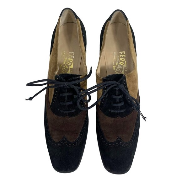 Salvatore Ferragamo Wingtip Lace Up Oxford Suede Square Toe Derby High Heels - Picture 3 of 10